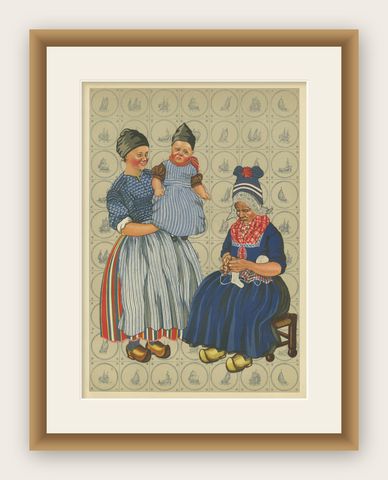 Volendam Women and Child in Traditional Work and Everyday Dress, Lithograph 1932, shown framed