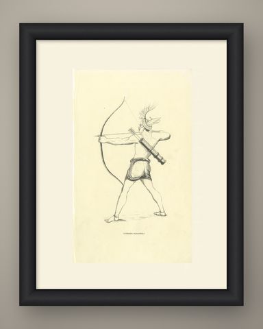 Mangowien Warrior, Antique Wahlen Costume Print, 1843-1844, shown framed