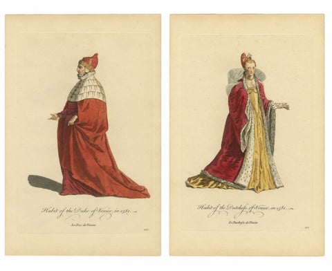Duke & Duchess of Venice Costume Engravings in 1581, Hand-Colored Pair, 1749
