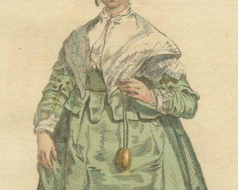 English Gentlewoman in 1640, Green Gown and Lace Kerchief, Jefferys Print, 1757, close-up 2