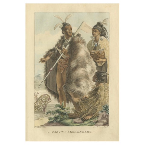 Maori Traditional Dress, Antique Hand-Colored Engraving, New Zealand, 1803