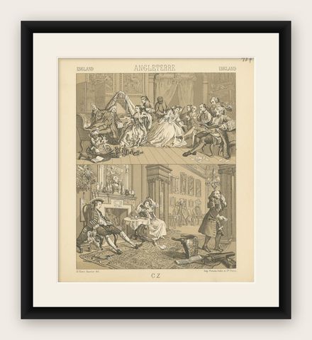 Pl. 157 Antique Print of English Scenes, Costumes by Racinet, 'circa 1880', shown framed