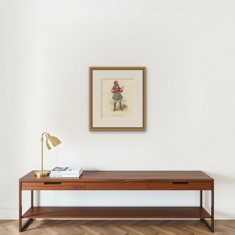 Sardinian Man Costume Print Tresnuraghes 1853 by Compte-Calix, Hand-Colored, shown framed on a wall