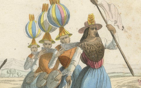 Original Antique Costume Print of Peru, Arrieros & Aymara Dance, c.1840, close-up 2