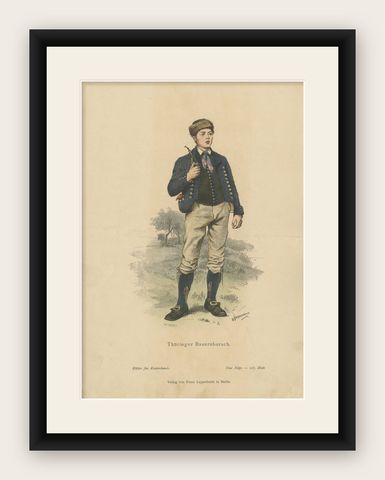 Antique Costume Print of a Peasant Boy from Thuringia in Germany, c.1880, shown framed