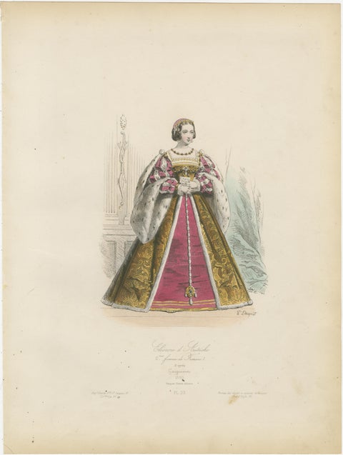 Antique French Costume Print of Eleonore di Austria, Renaissance Fashion, c.1860, view 2