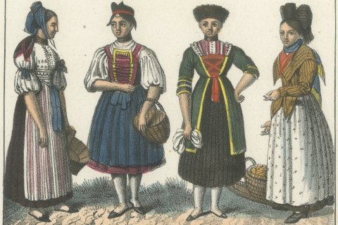 Bavarian Peasant Dress, a Spessart Woman and Mountain Hunters, 1842, close-up 1
