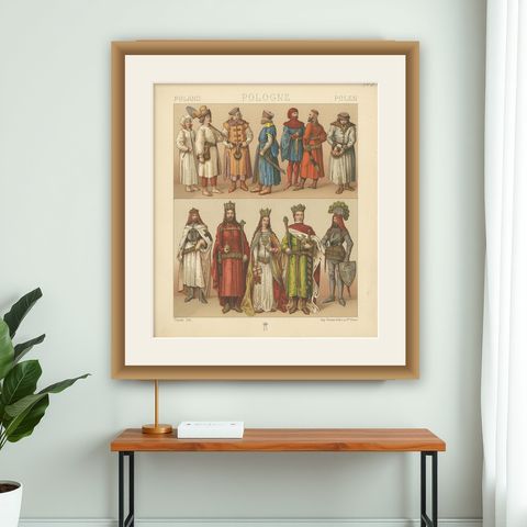 Antique Print of Polish Costumes Racinet, 'circa 1880', shown framed on a wall