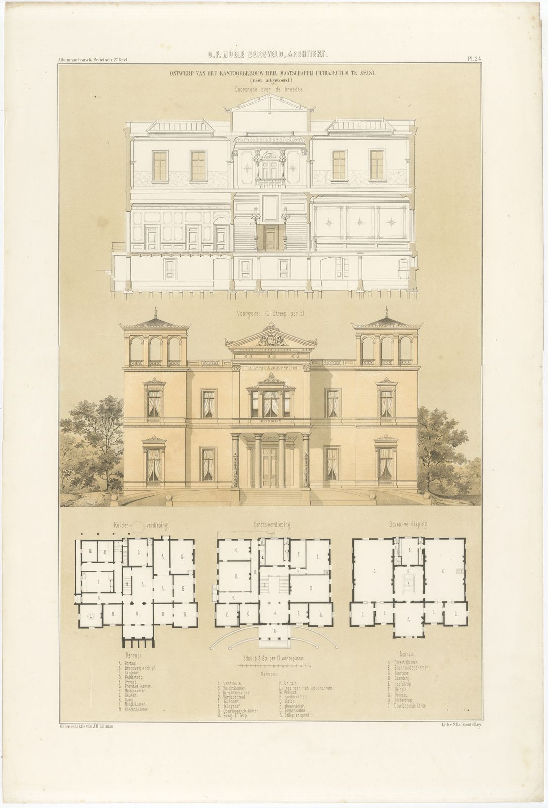 Ultrajectum Office Building, Zeist, Dutch Architecture Print, Leliman, 1865-1866, view 2