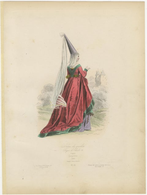 Antique French Costume Print of a Noble Lady in Medieval Attire, 19th Century, view 2