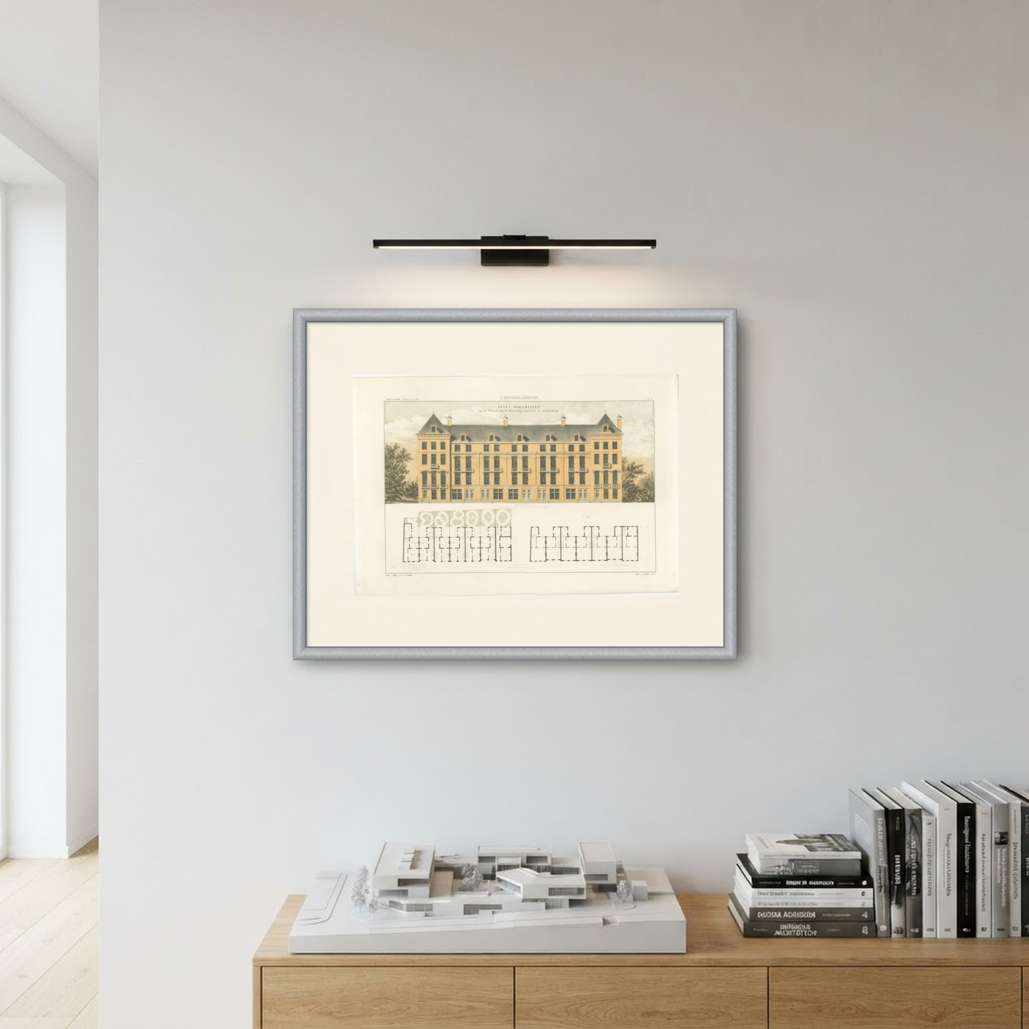 Terrace of Seven Houses, Amsterdam, Dutch Architecture Print, Leliman, 1865-1866, shown framed on a wall