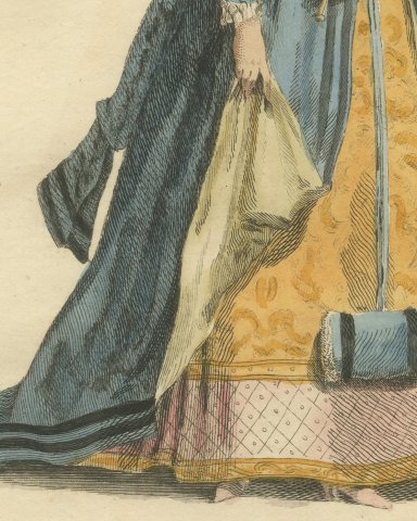 English Lady of Quality in 1588 with Feather Fan, Jefferys Costume Print, 1757, close-up 3