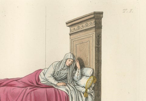 Italian Noblewoman Reclining in Bed, Renaissance Interior Scene, Published 1845, close-up 1