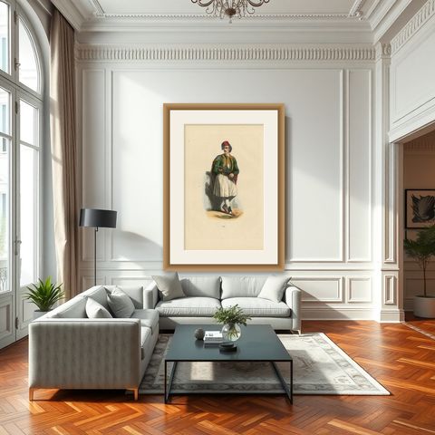 Greek Man in Traditional Dress, Hand-Coloured Lithograph, c.1845, shown framed in a room