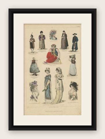 Antique Print with Costumes of Greece, Bayern, Holland, England and Others, shown framed