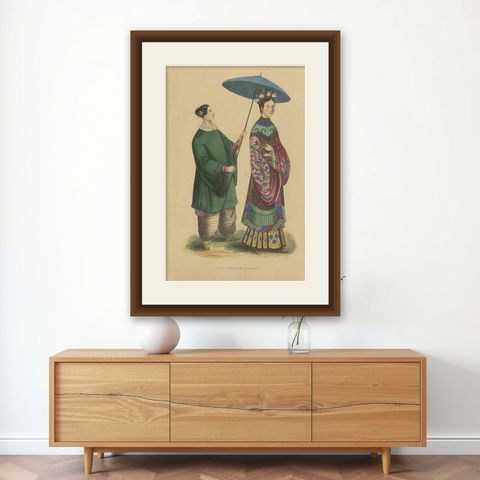 Antique Costume Print of a Chinese Lady and Her Maid by Wahlen, ‘1843’, shown framed on a wall