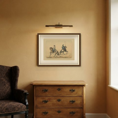 Spanish Cavalry, Two Horsemen in Cocked Hats, One with a Lance, Villegas, 1861, shown framed in a room