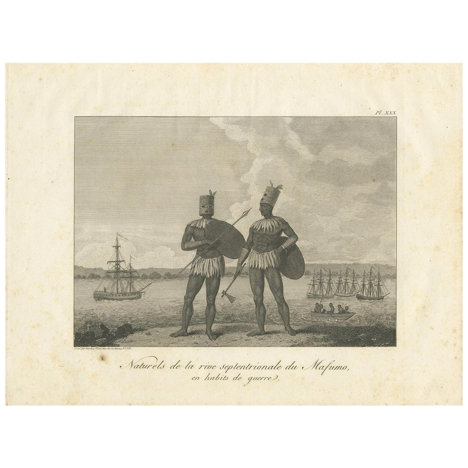Antique Print of Burmese Natives in War Costume of old Burma (1800)