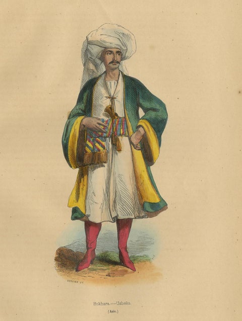1844 Lithograph of a Bukharan Uzbek: Traditional Attire and Craft, close-up 1