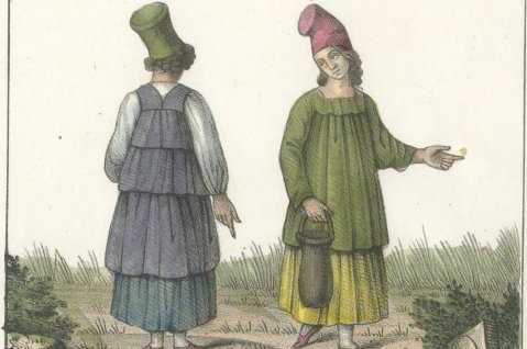 Women of Chios and Paros with a Spinning Wheel, Hand Colored, 1842, close-up 1