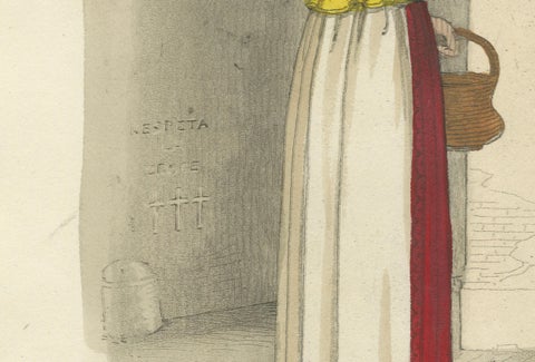 Costume Print: Traditional Dress of Rome, 1820 Hand-Colored Engraving, close-up 1