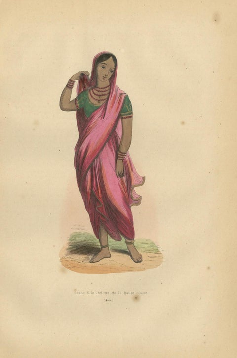 Elegant 1844 Lithograph of a High-Class Indian Woman in Traditional Saree, close-up 4