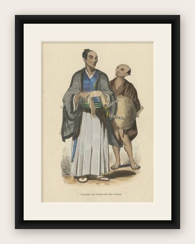 Original Hand-Colored Antique Print of a Japanese Nobleman & Servant, ca.1845, shown framed
