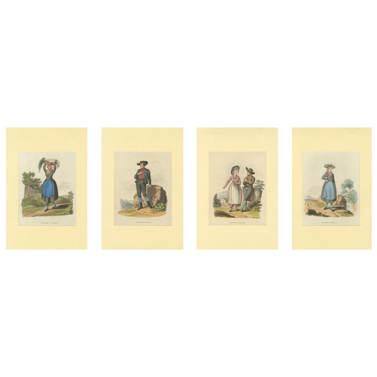 Austrian Folk Costume Prints, Elegant 4-Plate Set of Rural Figures, c. 1820