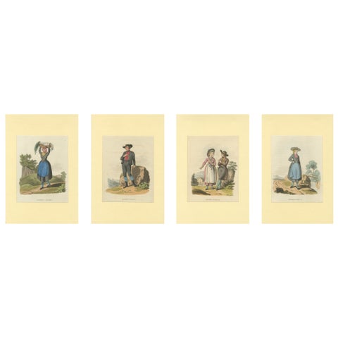 Austrian Folk Costume Prints, Elegant 4-Plate Set of Rural Figures, c. 1820