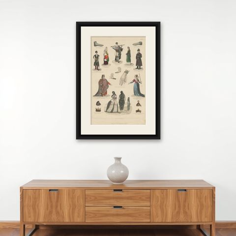 Antique Costume Print Including Costumes of Greece, Spain, Peru and Others, shown framed on a wall