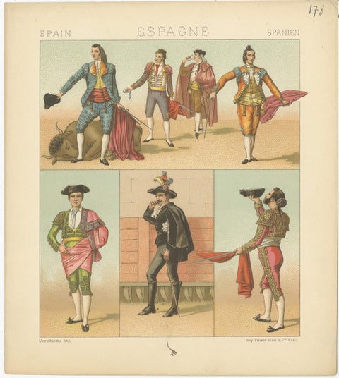 Pl. 178 Antique Print of Spanish Bullfighting Costumes by Racinet, 'circa 1880', view 2