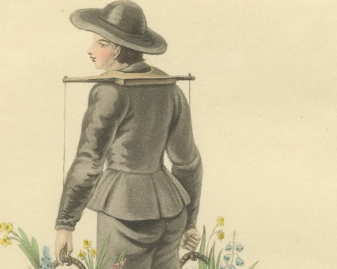 Boy selling Flowers in Rotterdam, Daffodil Baskets, Antique Print, 1817, close-up 1