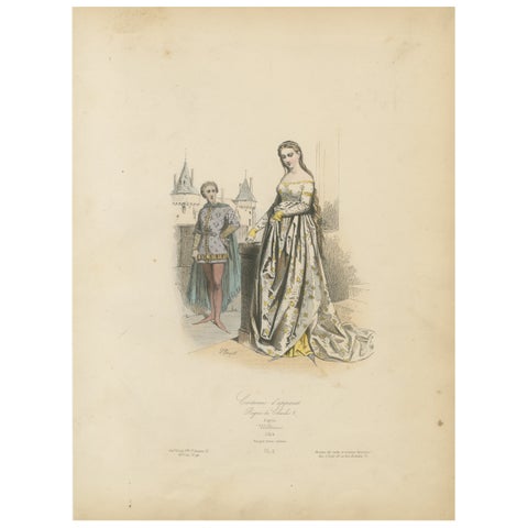 Antique French Print of Courtly Fashion, Reign of Charles V, circa 1860