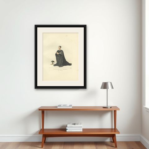 Antique Print of a Knight of Rhodes in Religious Costume, by Bonnard, 1860, shown framed on a wall