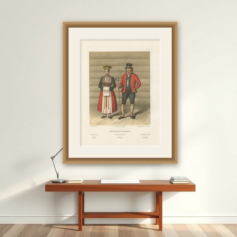 Norwegian Bride and Groom in Hardanger Dress, Antique Print, 1860s, shown framed on a wall