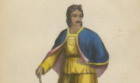 Chinese Tibetan Figure Costume Print, Hand-Colored Ethnographic Engraving, 1854, close-up 2