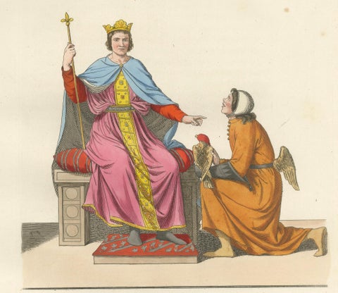 Antique 1845 Print, King and Angel in 15th Century Courtly Costume, close-up 4