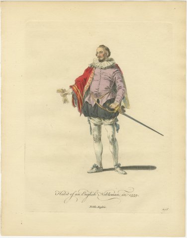 Habit of an English Nobleman in 1559, Hand Colored Jefferys Costume Plate, 1757, view 2