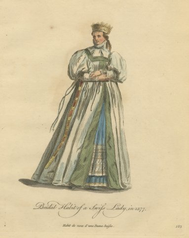 Bridal Habit of a Swiss Lady in 1577, Hand Colored Jefferys Costume Plate, 1757