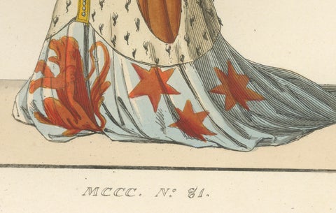 Heraldic Costumes c.1400, Antique 1845 Prints of Knight and Lady, Hand-Coloured, close-up 5