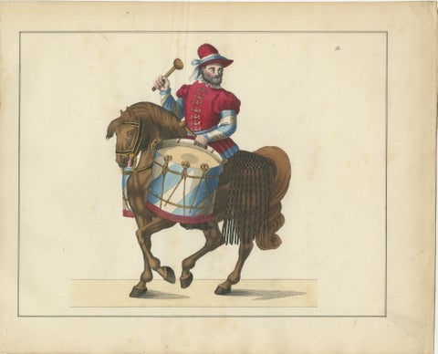 19th-Century Hand-Coloured Print of a Drummer on Horseback in Medieval Attire, view 2