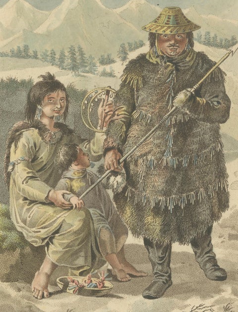 Prince William Sound Alaska Indigenous Family, Antique Costume Print, c.1805, close-up 1