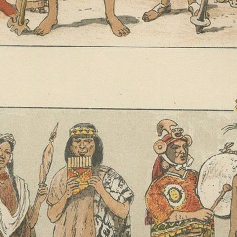 Inca Empire Costumes, Antique Lithograph of Inca Clothing, Max Tilke c.1880, close-up 5