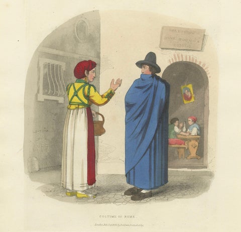 Costume Print: Traditional Dress of Rome, 1820 Hand-Colored Engraving, close-up 4
