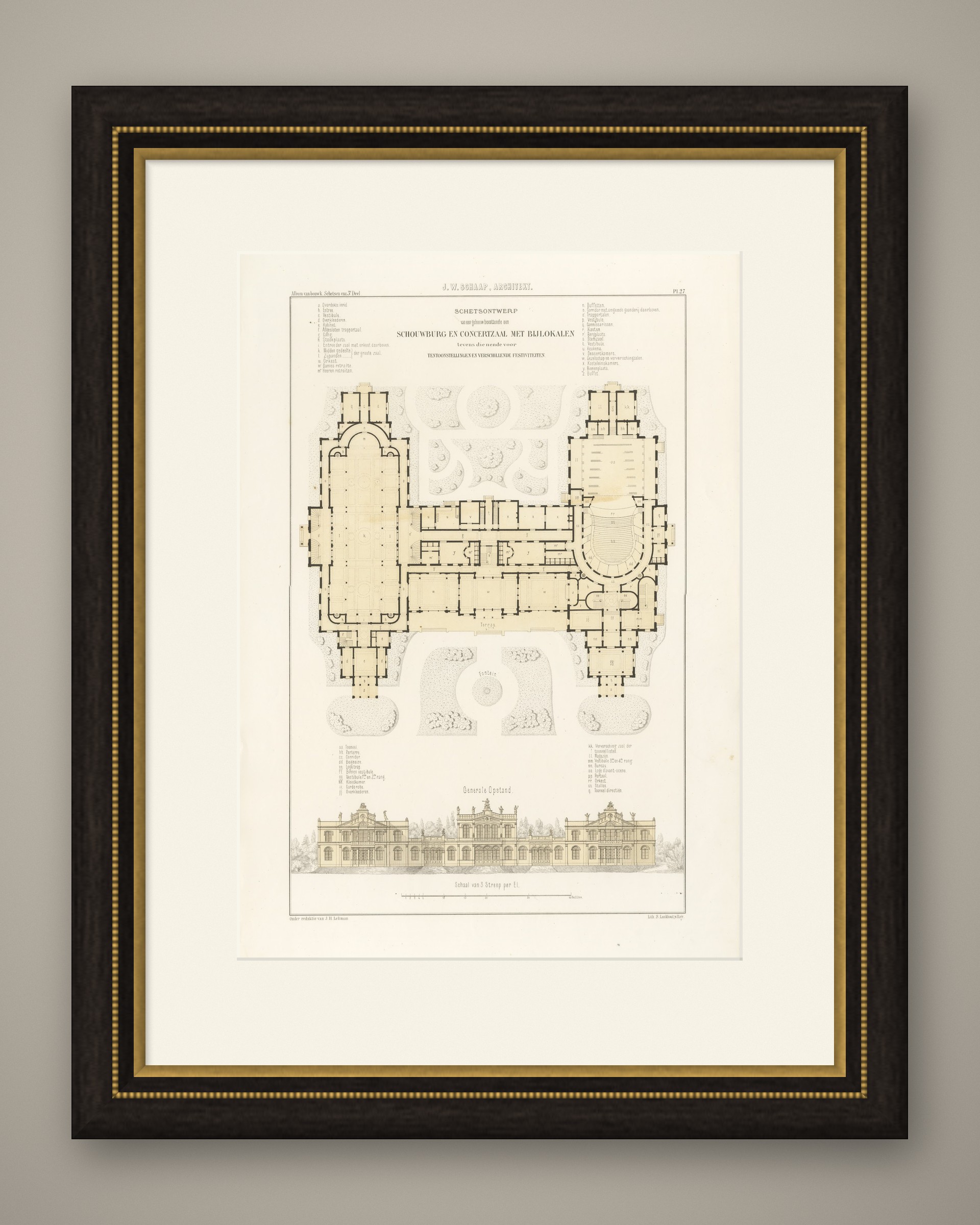 Theatre and Concert Hall Design, Dutch Architecture Print, Leliman, 1865-1866, shown framed