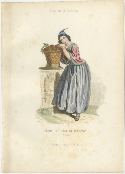 Set of Four Antique Portuguese & Madeira Folk Costume Engravings, circa 1850, view 3