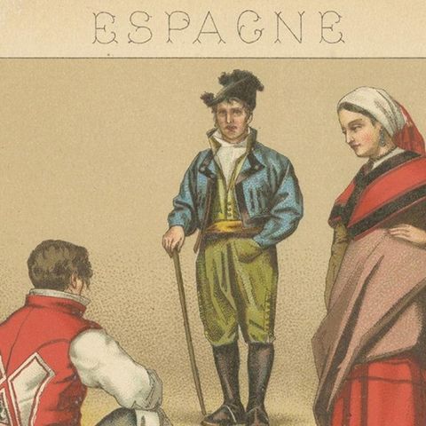 Pl. 176 Antique Print of Spanish Costumes by Racinet, 'circa 1880', close-up 1