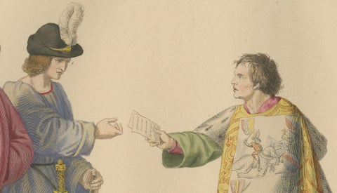 Medieval Messengers & Courtiers, Elegant Hand-Colored Antique Print, France 1845, close-up 3