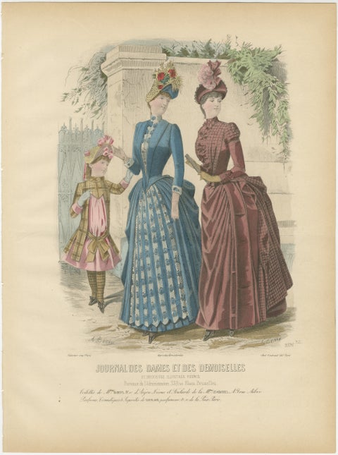 Antique French Fashion Plate, Elegant Ladies with Child, Garden Scene, c.1880