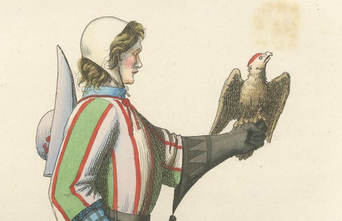 15th Century Falconry Costume, Falconer with Hawk, Antique Print 1845, close-up 3